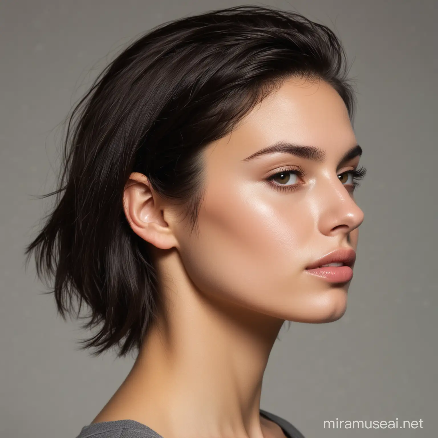 European and American Female Model Portrait with Dark Hair Natural Look