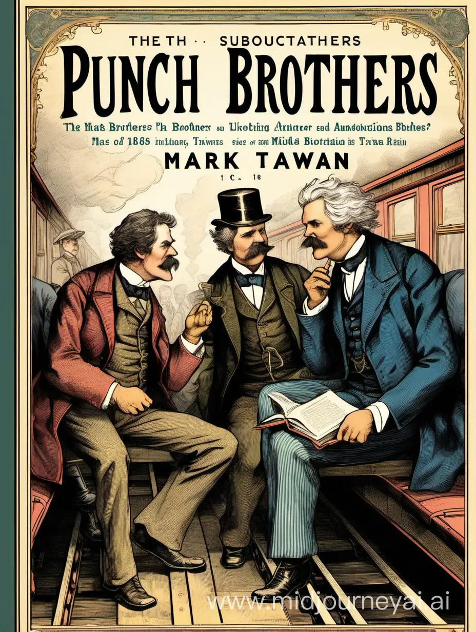 A book cover. The title of the book is: Punch, Brothers, Punch! The author is: Mark Twain. The subtitle is: with annotations and corrections. The illustration depicts middle-aged men in 1880s clothing on a train, having a conversation.