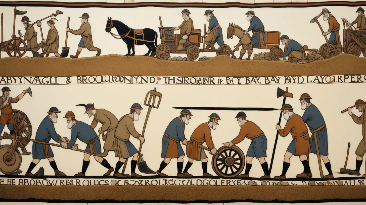 a group of workmen constructing a road, with diggers and steam-rollers and drilling, but done in the style of the Bayeux Tapestry