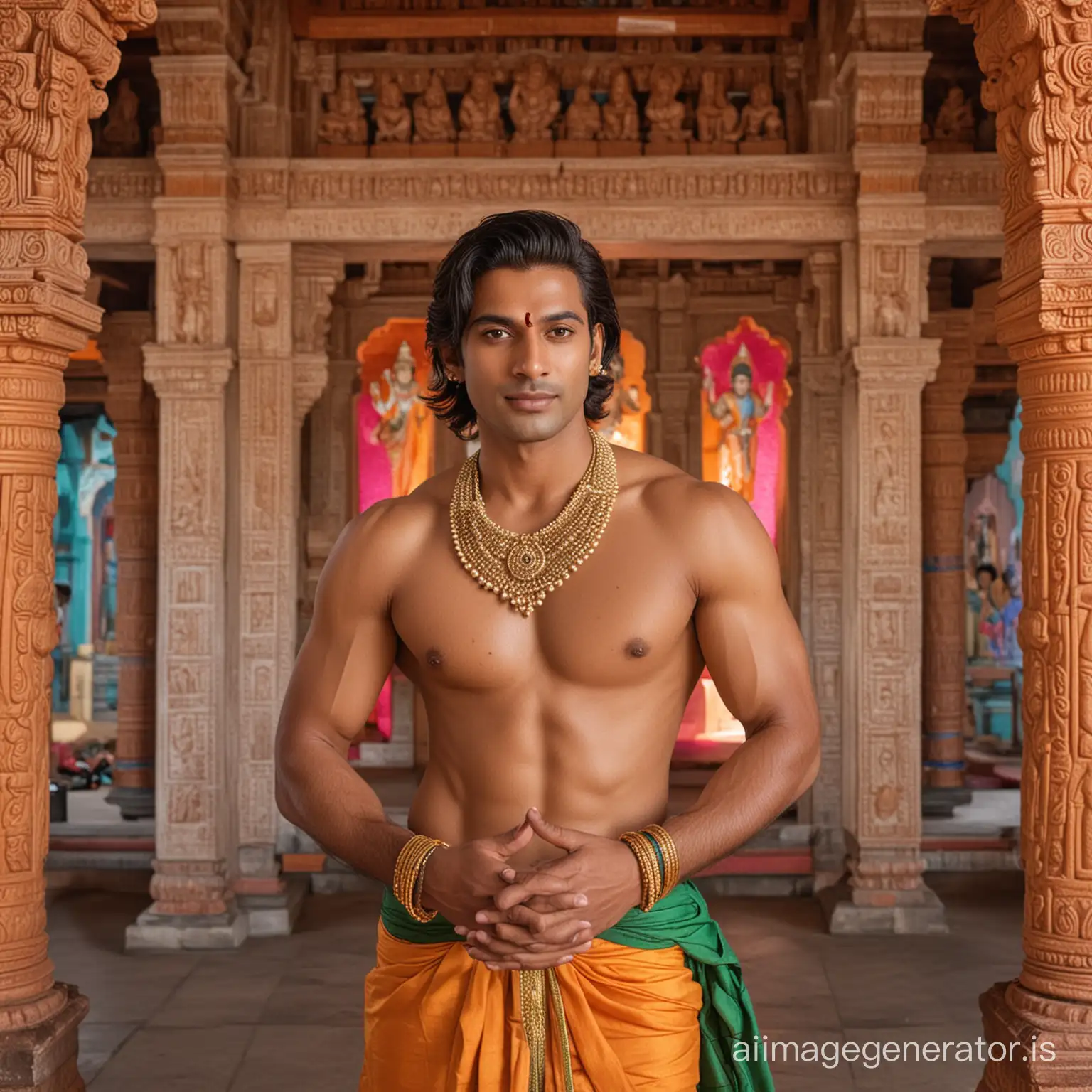 Handsome man in short hair standing in colourful Radha Krishna Temple