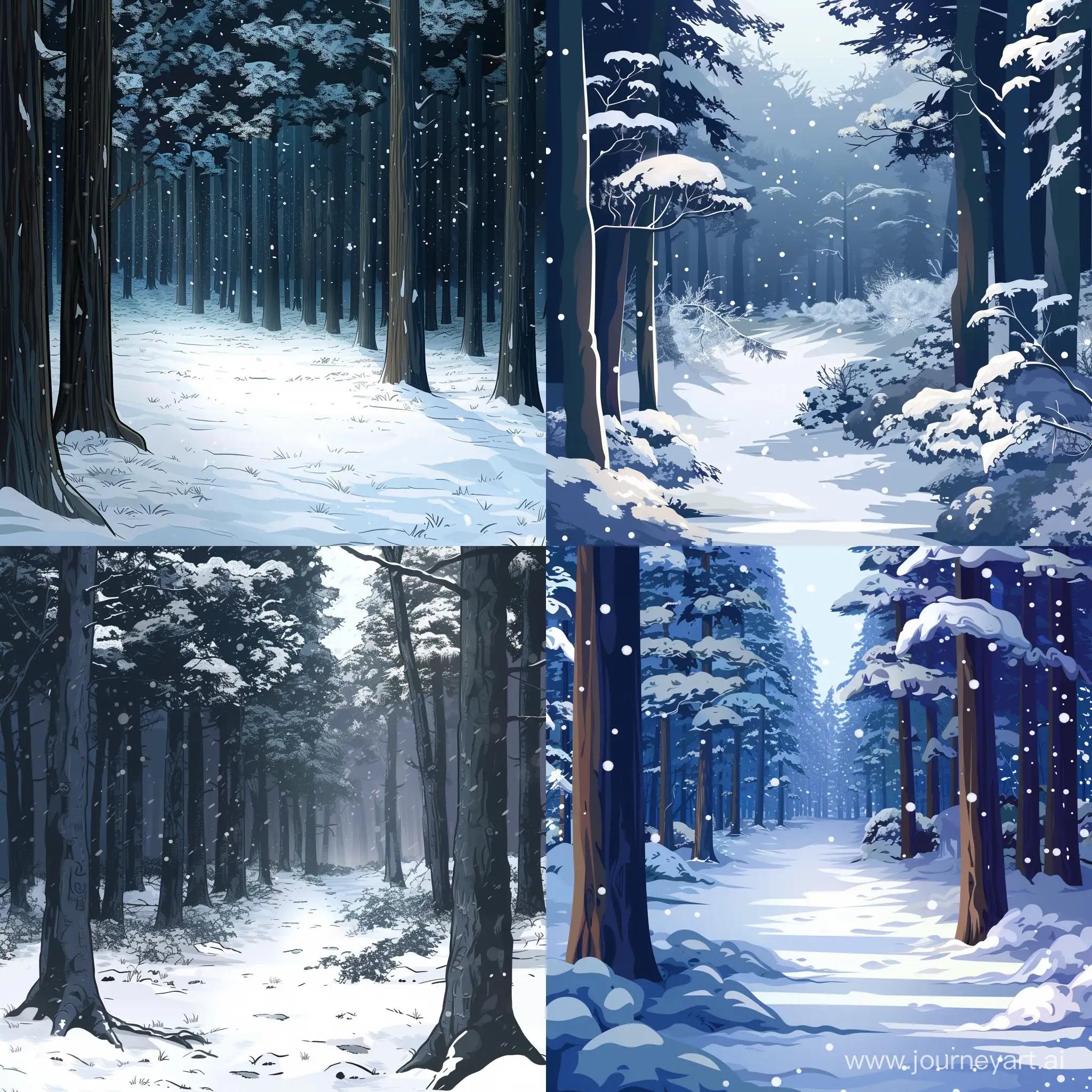 snow forest in traditional japanese style with dark fantasy vibes manga style