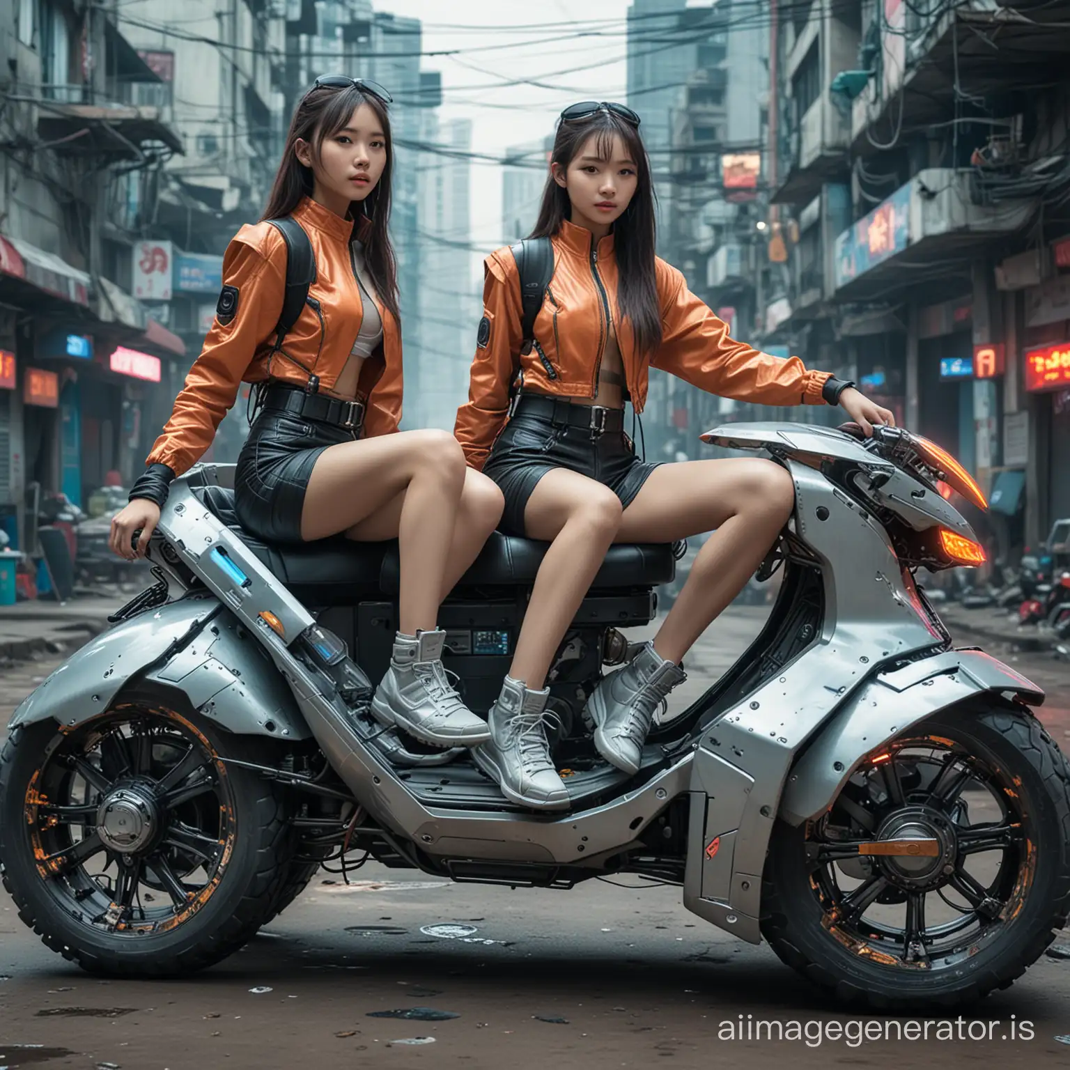 16 years old vietnamese twin sisters are riding a futuristic vehicle in cyberpunk world outdoor