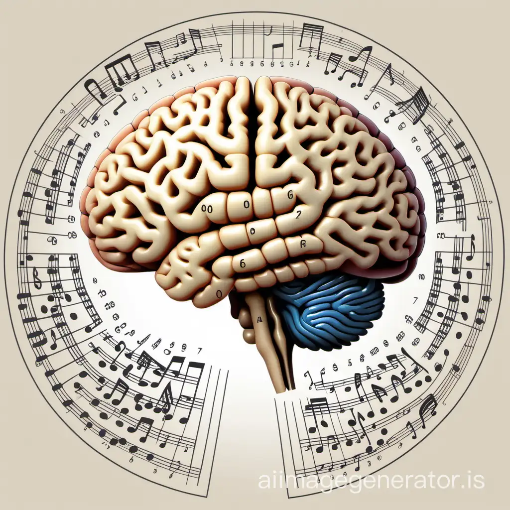 In the cross-section diagram of the human brain, a shape composed of a series of binary numbers is depicted, with the characters of the shape represented by quarter notes on a musical staff.