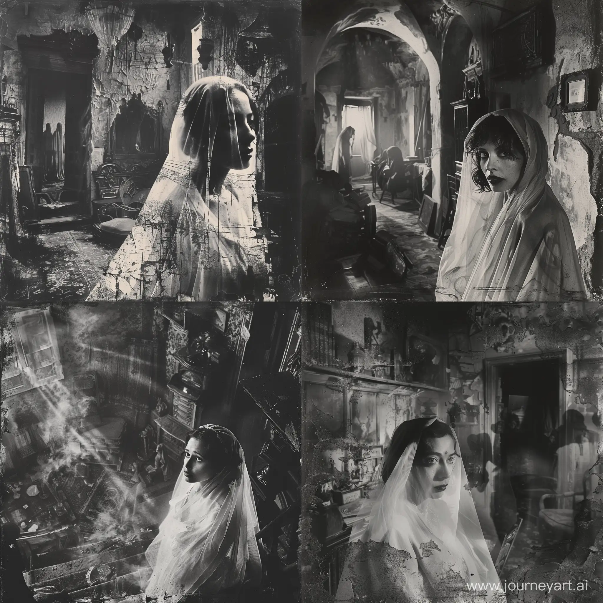 A black and white photograph of a hauntingly beautiful woman with a white veil, standing in a dimly lit, cluttered room. The room is filled with shadowy figures and antique furniture, adding to the eerie atmosphere. The woman's expression is both captivating and unsettling, evoking a sense of mystery and foreboding. The image is highly detailed, showcasing textures and intricate details. --ar 1:1 --s 150