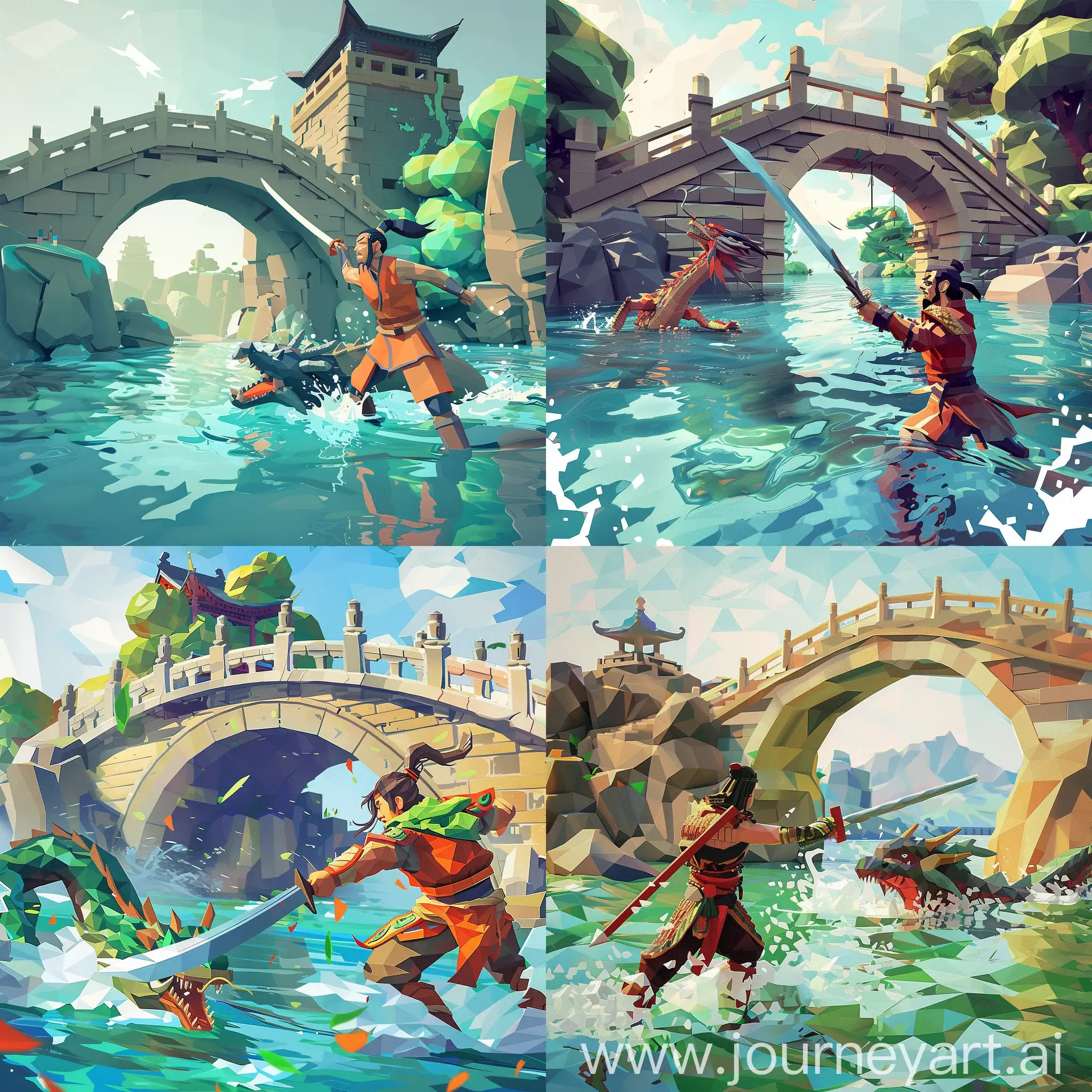 一个中国古代英雄拿着剑与水中的蛟龙作战，背景是个石桥，石桥造型古朴，画面明亮，low poly风格