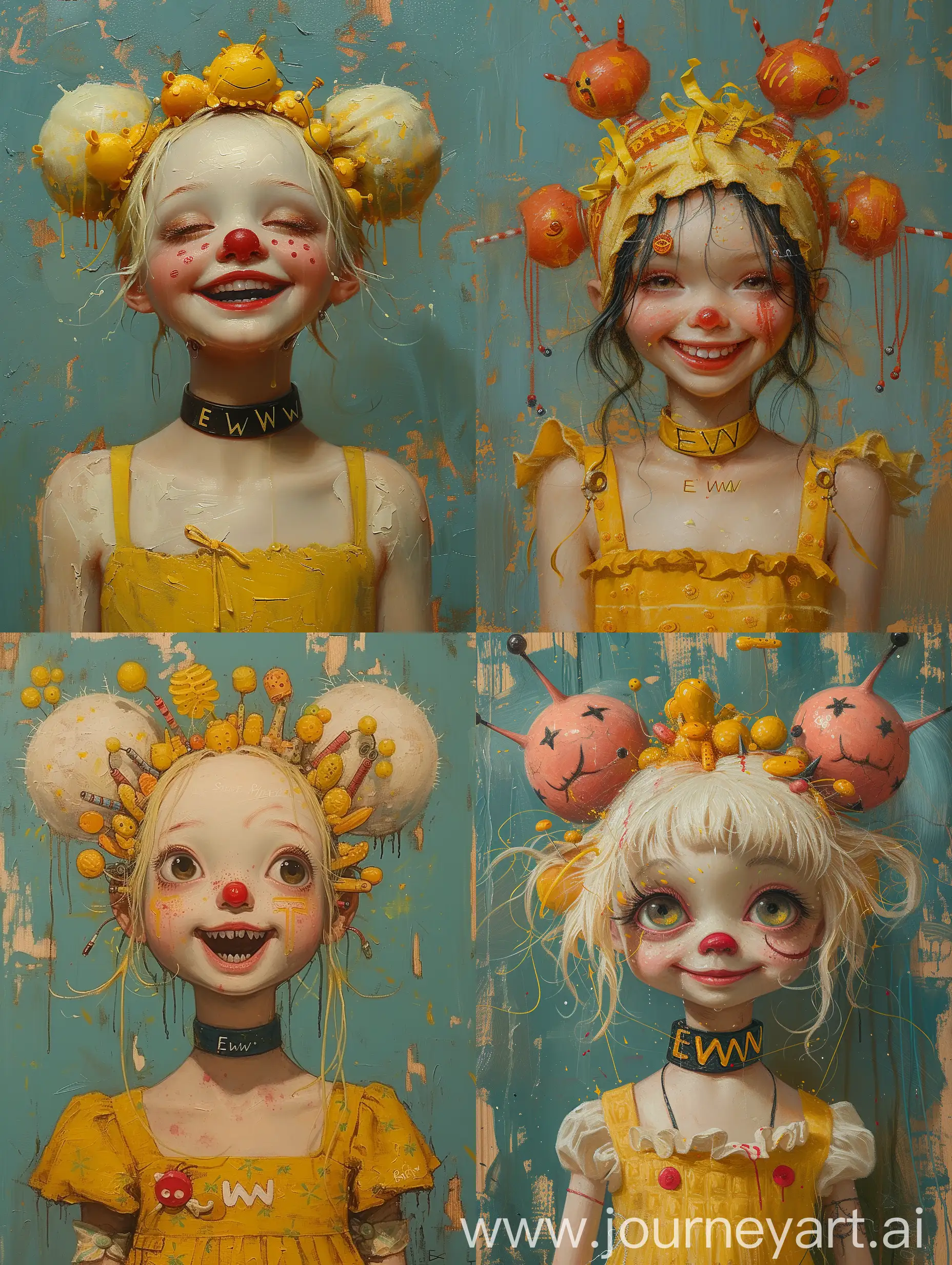 a pretty and happy china clown doll with a head full of surreal yellow things, a choker with the inscription "EWW" and a yellow dress,  surreal background, amusing, matte, fine oil painting, contemporary, bright colours,  --stop 95  --stylize 650