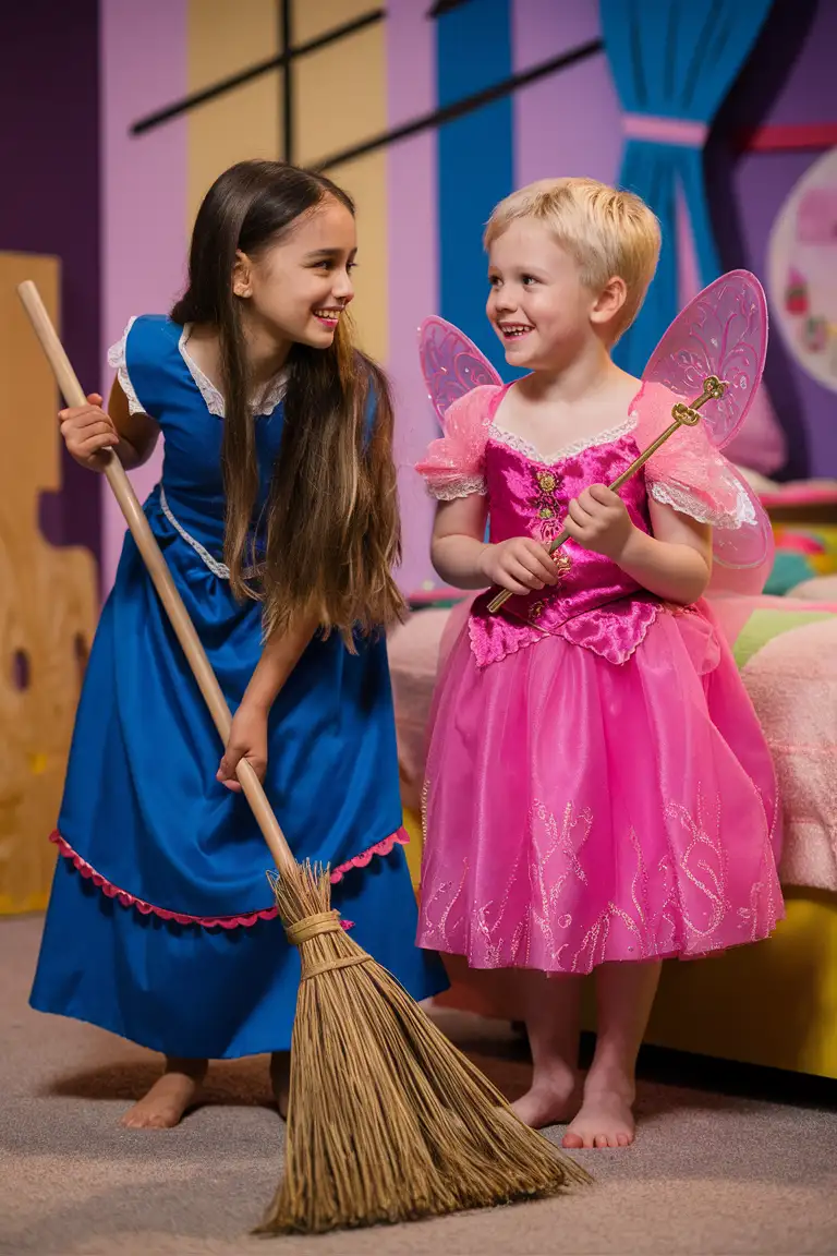 ((Gender role-reversal)), colourful Photograph, a 9-year-old girl with long hair is rehearsing a school play in a bedroom with her brother, a little 7-year-old boy with short blonde hair, in her bedroom, the girl is playing an ugly stepsister sweeping the floor, the boy is playing the fairy godmother in a bright pink fairy princess dress holding a wand, for fun, cute smiles, adorable, perfect faces, perfect faces, clear faces, perfect eyes, perfect noses, smooth skin