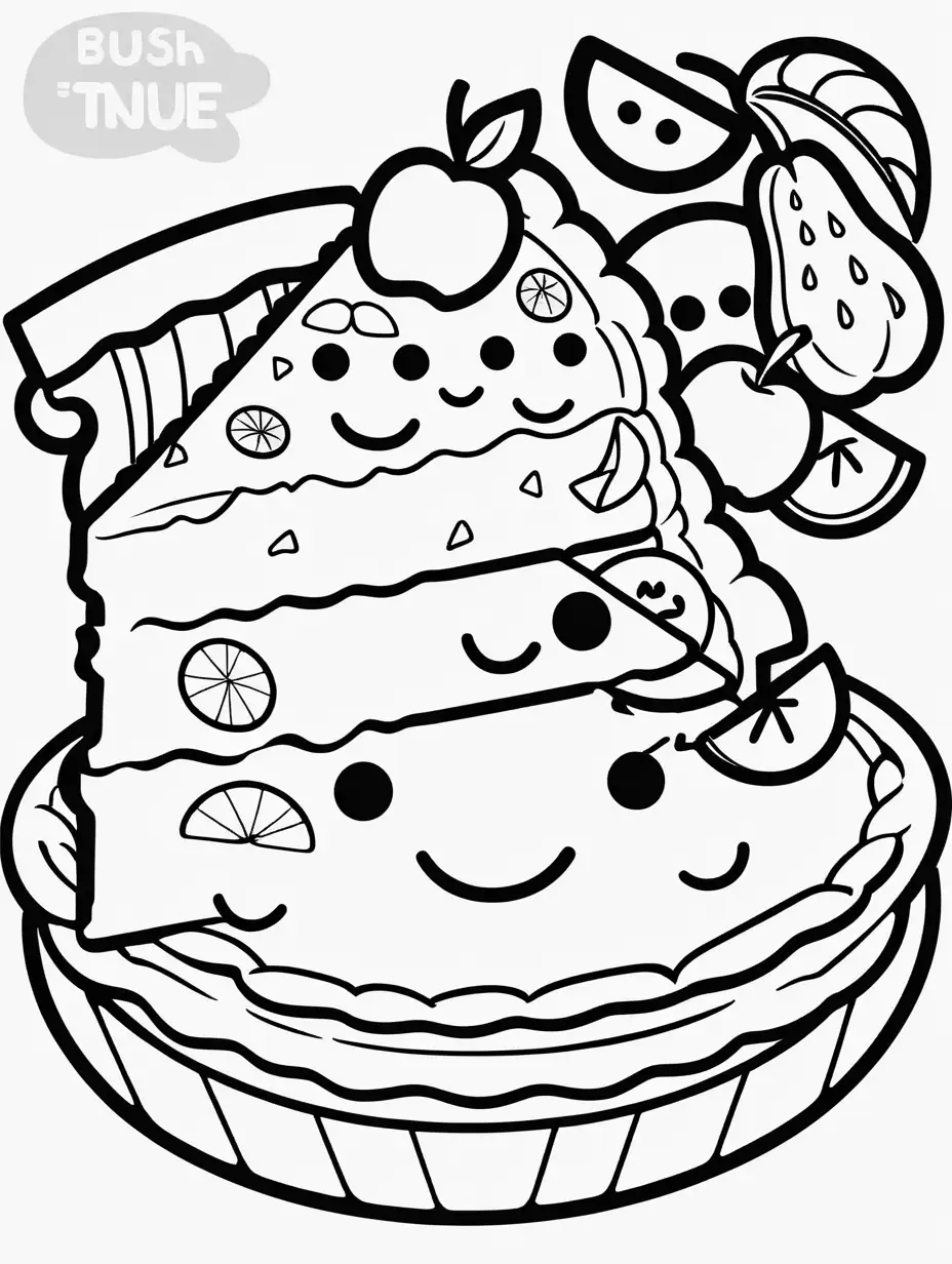 coloring book, cartoon drawing, clean black and white, single line, white background, cute large pie with fruit, emojis