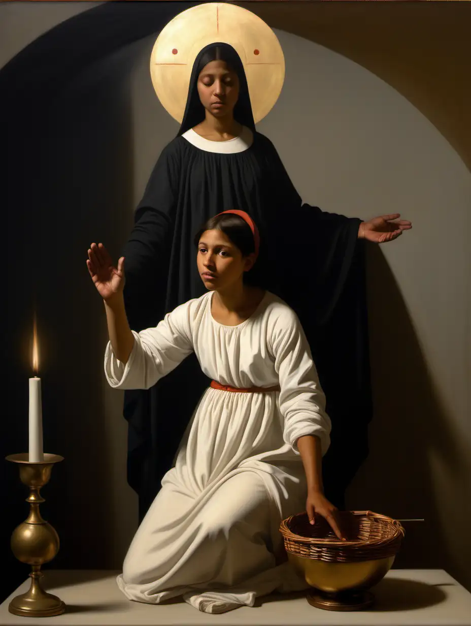 Indigenous South American Girl in BartlettCaravaggio Style Annunciation Painting