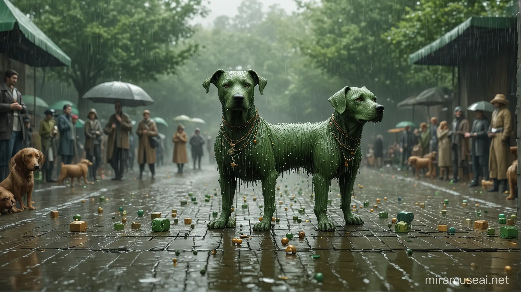 concept art, square dog, green arena background in the rain, anthropomorphism, intricate details, Jean Francois Barrier, group of characters, beads.