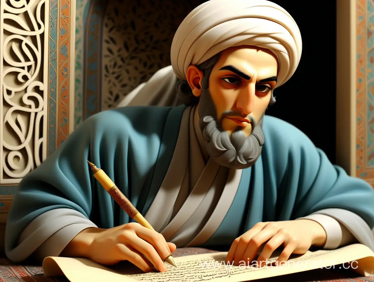 The great Iranian poet, young and handsome Nizami Ganjavi, writes on a scroll.
