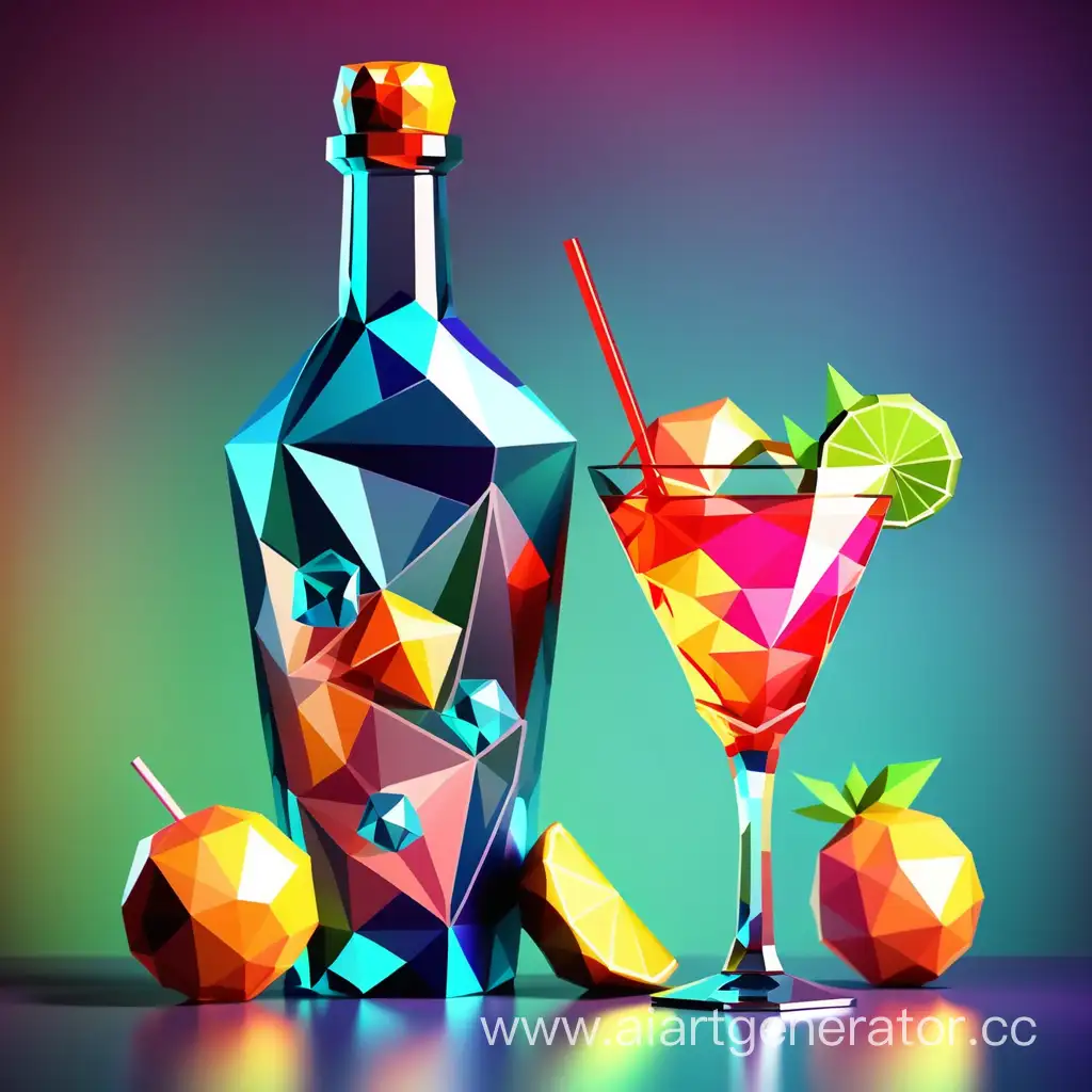 Polygonal-Style-Cocktail-Glass-and-Bottle-with-Vibrant-Colors