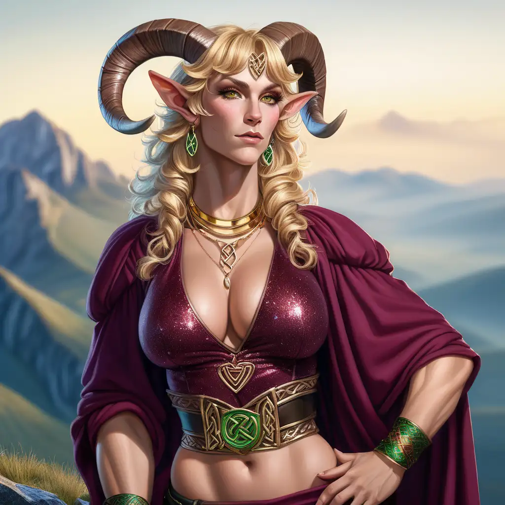 the blonde strong muscle mommie faungirl sits on a mountain side looking out the horizon . Her short curled goat horns and long faun ears clearly display her celtic Fey heritage. She wears a sleevless burgundy blouse with a deep v neckline and brightly colored cincher around her midsection. Golden jewelry glitters on her bursting bust
