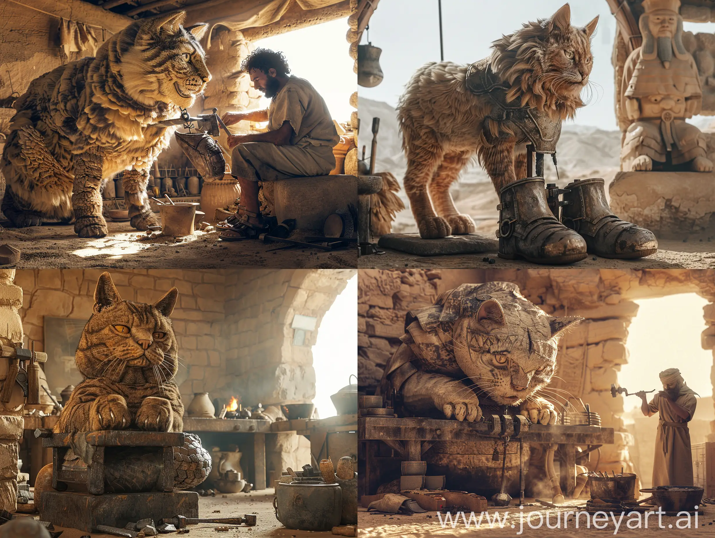 An ancient blacksmith is making iron shoes and iron armor for a giant horse-sized Persian cat in a blacksmith workshop in the city of Arg Bam, Kerman.in a desert, in an ancient civilization, cinematic, epic realism,8K, highly detailed, glamour lighting, backlit