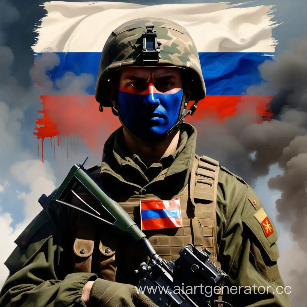 образ военного человека без оружия и лица по центру картины, по бокам военная техника,сверху флаг российской федерации