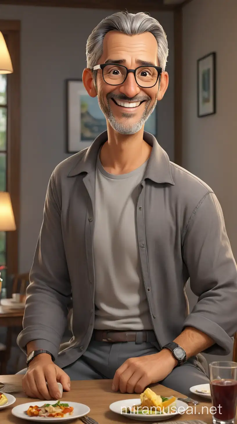 Create a 4D caricature with a large head, HDR, ultra-realistic, very detailed, 8K render of a handsome 40-year-old man with grey hair, wearing glasses, smiling, dressed in "WALLJOURNEY" branded clothing, wearing long Muslim pants, wearing flip-flops, sitting at a dining table, with dates and drinks for breaking the fast, room accessories included, "WallJourney" text on the wall, evening atmosphere.