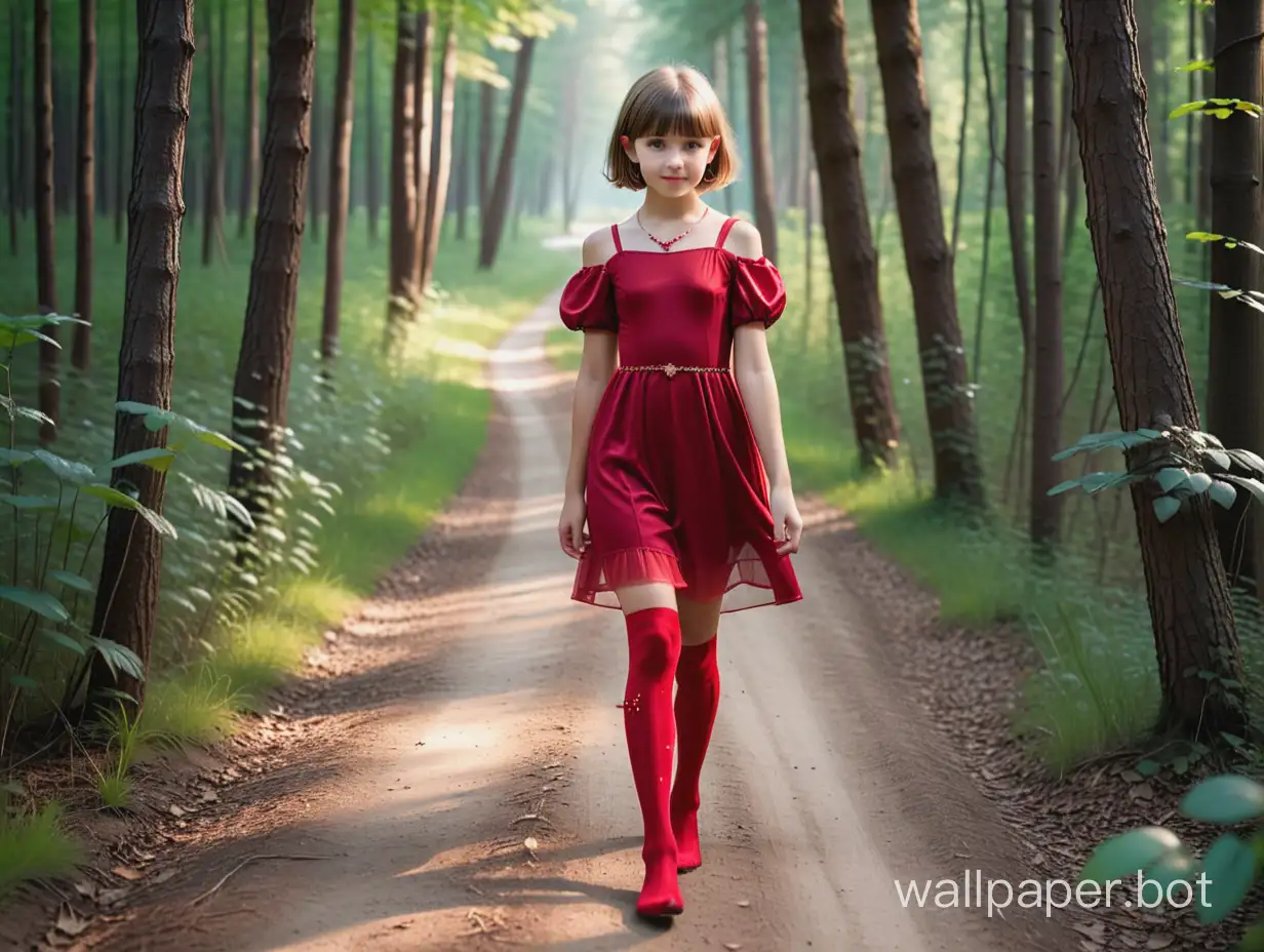 Лара Вендель девочка 12 лет в полный рост в коротком красном платье искрящихся чулках драгоценностях короткие волосы каре идёт по лесной тропе