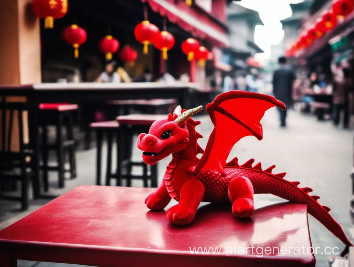 мягкая игрушка красного дракона на столе уличного кафе в китайском городе расположенная в левом нижнем углу кадра
