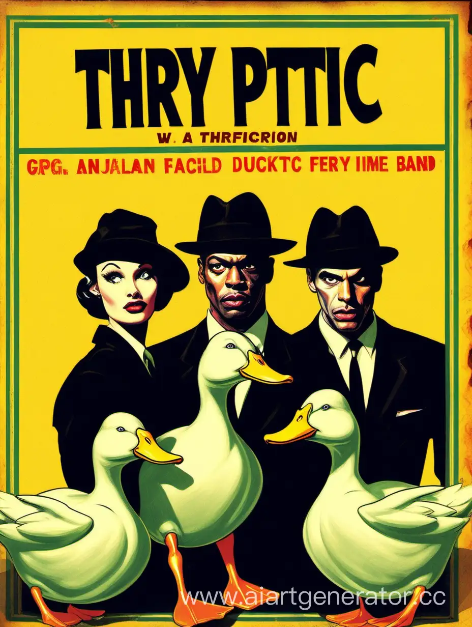 Create a lurid book cover in the style of 1950's pulp fiction covers. of 3 ducks wearing hats. The book title is called  "THRYPTIC".