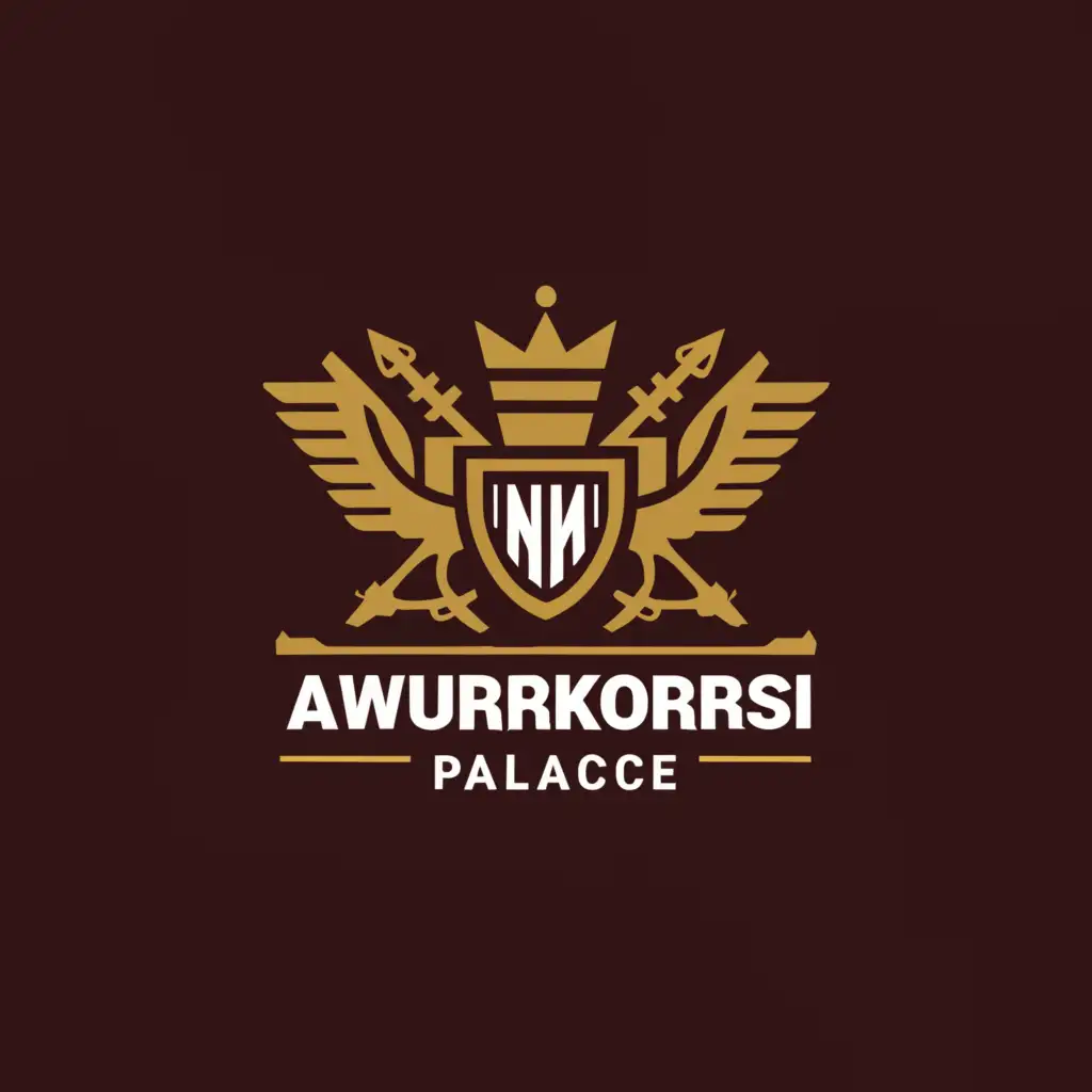 a logo design,with the text 'Awurokorsi Palace', main symbol:Crown, Stool, eagle, rifle, sword,Moderate,clear background