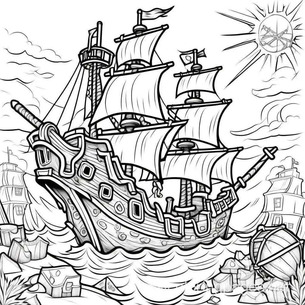Treasure with a wrecked pirate ship, Coloring Page, black and white, line art, white background, Simplicity, Ample White Space. The background of the coloring page is plain white to make it easy for young children to color within the lines. The outlines of all the subjects are easy to distinguish, making it simple for kids to color without too much difficulty