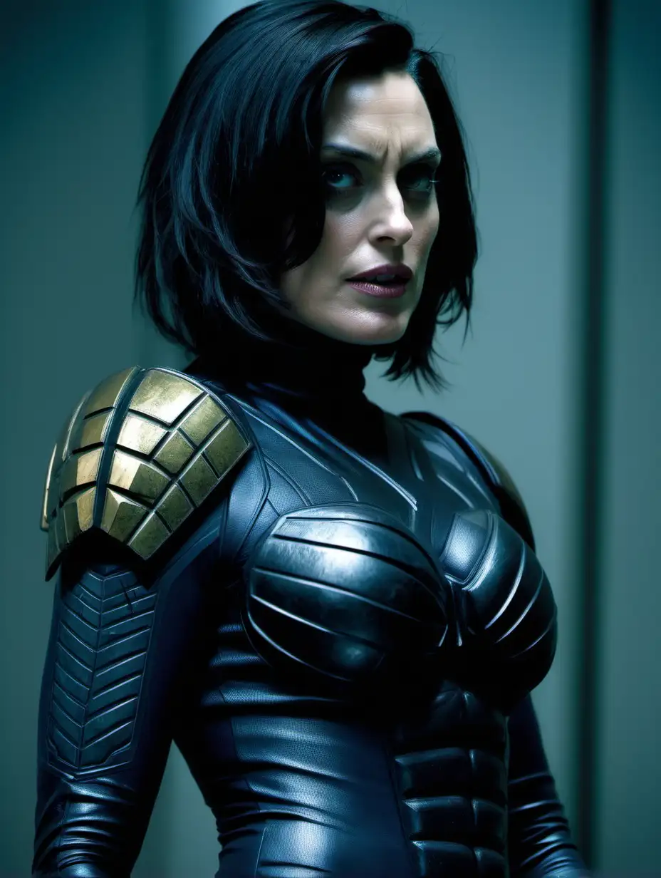 Antje Traue, Judge Dredd, comic book movie, Judge Hershey, tight suit, highly detailed, black hair, seductive, tights, thick, cleavage close-up 