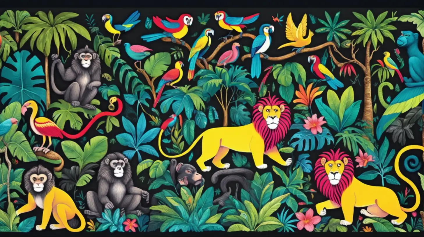 jungle, lion, monkeys, snake, birds, vibrant colors, dark theme