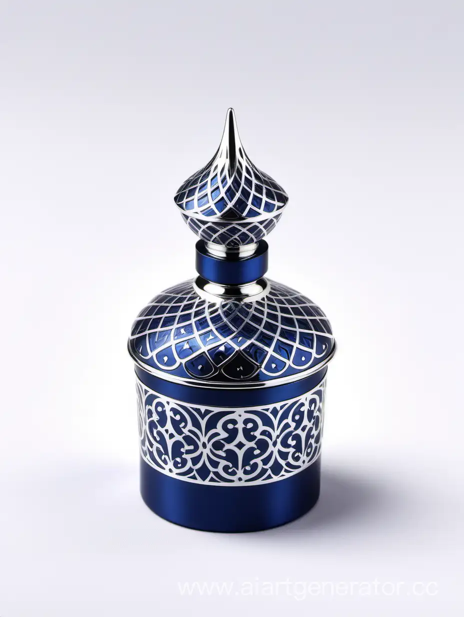 Luxurious-Zamac-Perfume-Cap-in-Shiny-Dark-Blue-with-Matt-White-Arabesque-Pattern
