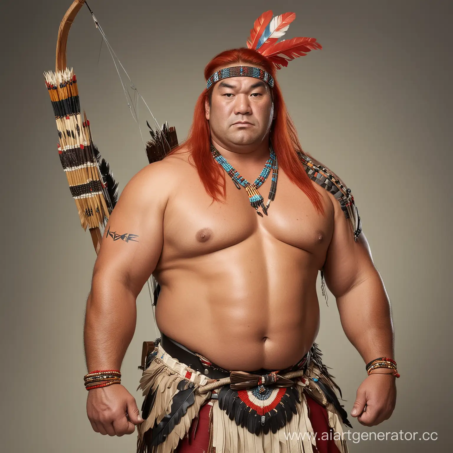 борец сумо с рыжими длинными волосами одетый как краснокожий индеец с индейским луком и стрелой в руках