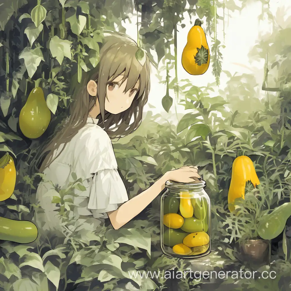 девушка с банкой солёных патиссонов среди растений