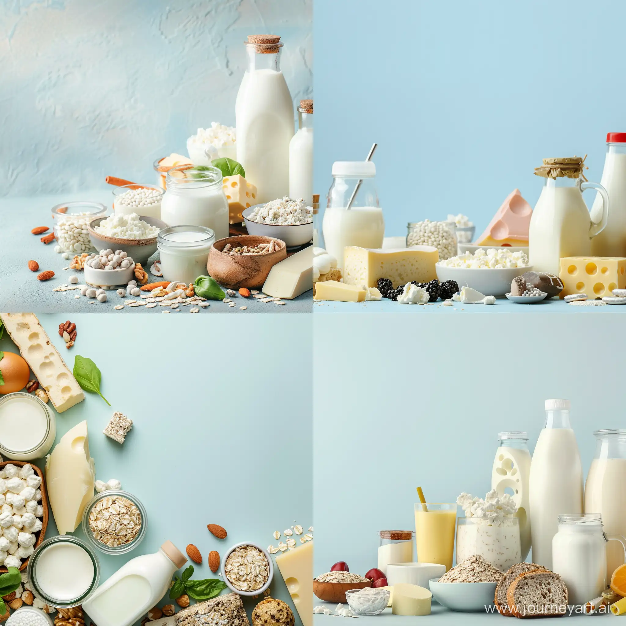 Create a banner full of dairy and protein products with a light blue background --v 6 --ar 1:1 --no 79162