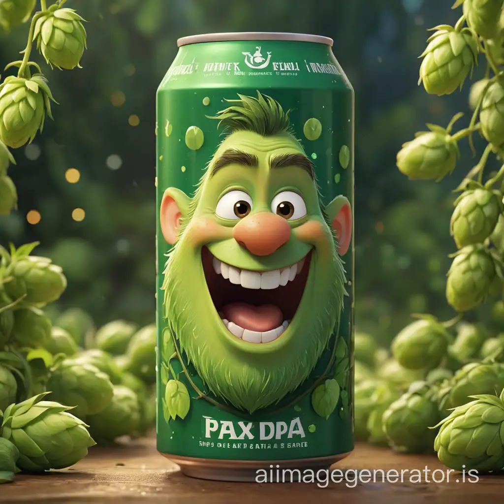 Photo-realistic image of an IPA beer can, adorned with the caricature of the man in Disney Pixar style. He's surrounded by animated hops, sparkles, and the tagline 'Sip, Smile, Repeat'. The color scheme complements the cheerful nature of the character.