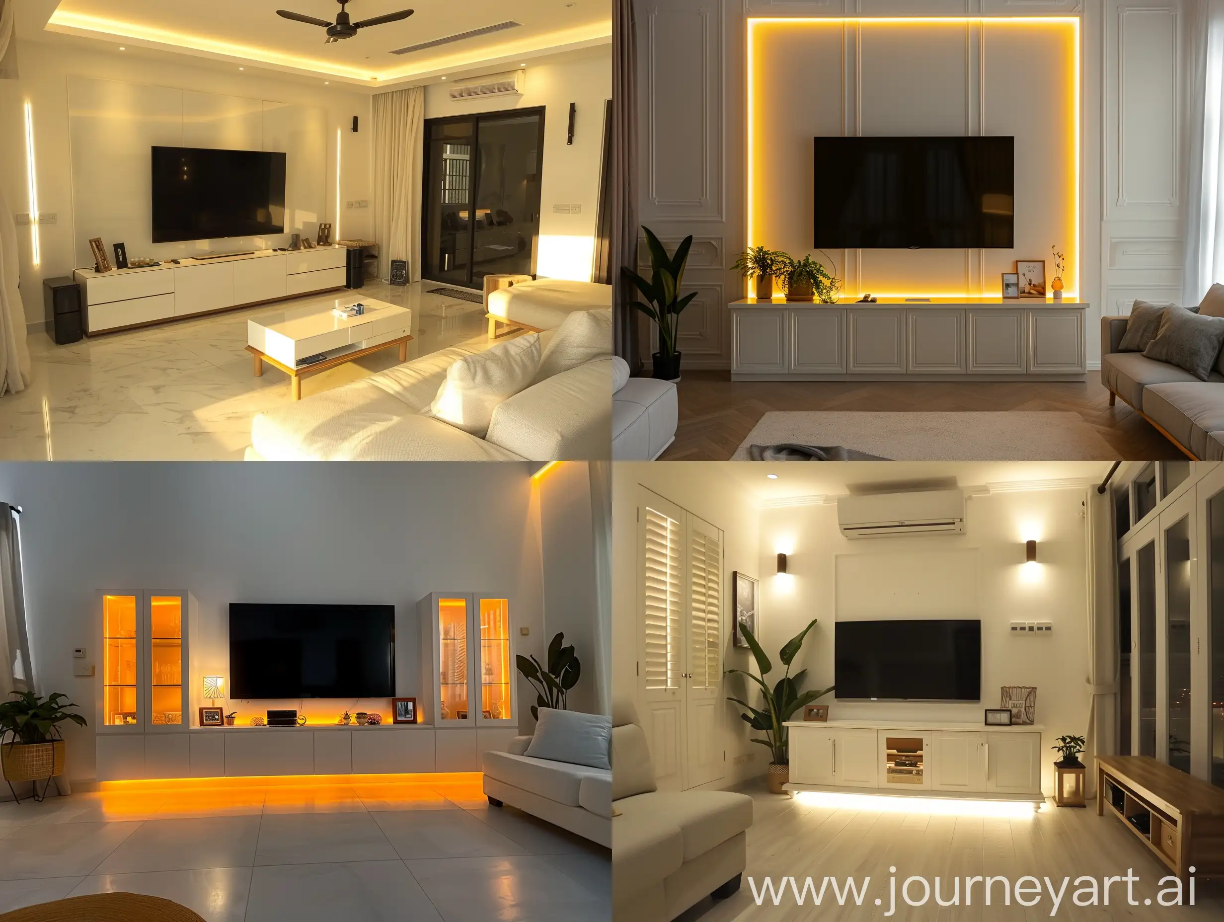 Crate a real interior of living room, white in color and tv cabinet, size of room is 10*30 in fit photo should be hd and minimalistic interior theme photo taken with I phone and hd interior with warm white light with indian minimalistic ik nterior