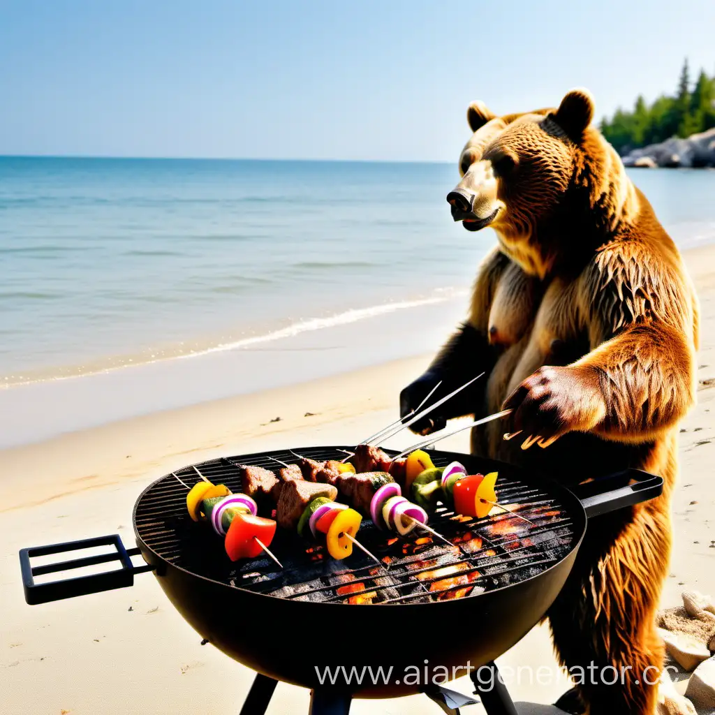 Медведь на пляже жарит шашлык