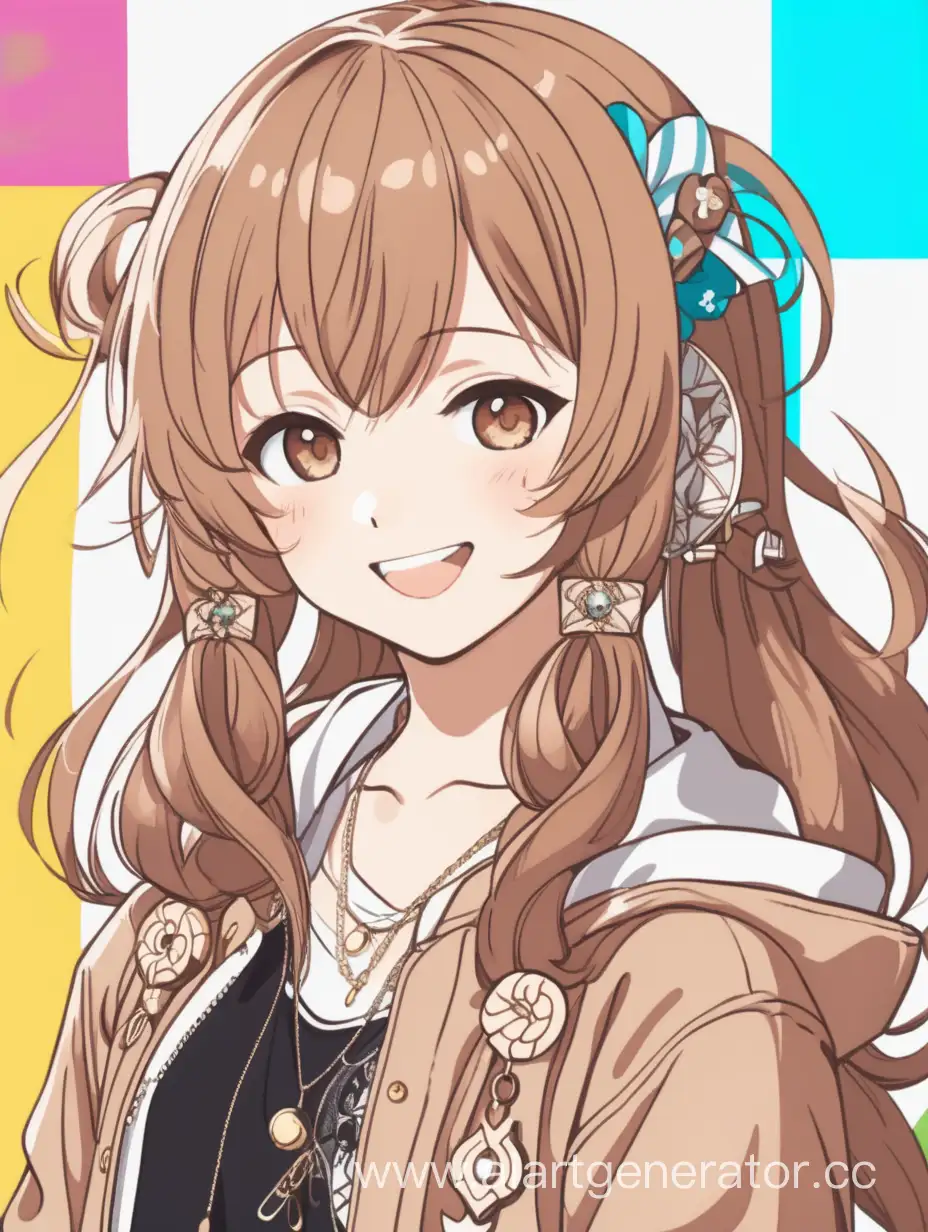 Anime girl, in fashionable clothes and accessories, bright background behind. Hair is light brown, the girl herself is smiling