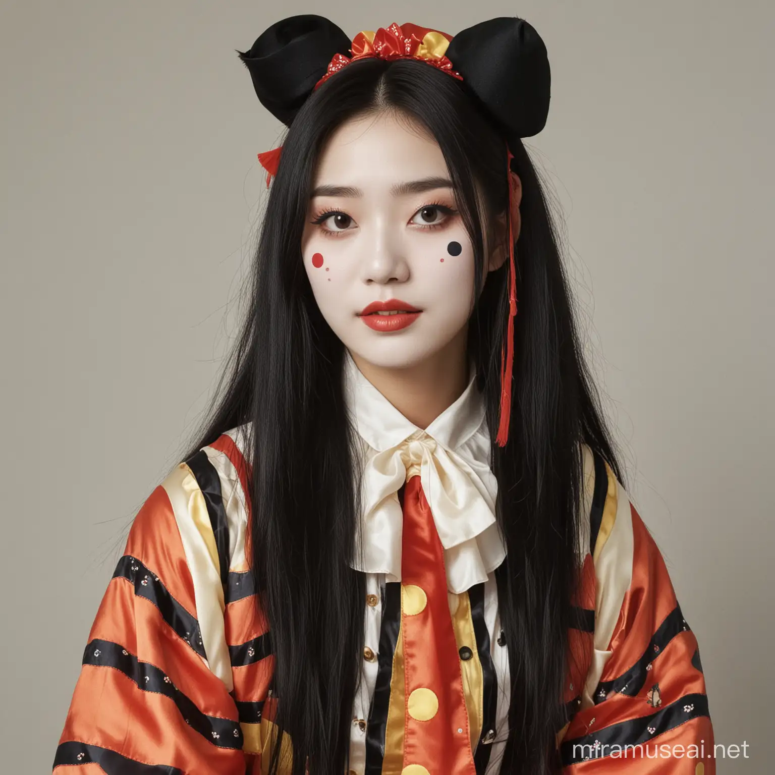 a Korean woman, 20 years old, with long black hair in a clown outfit