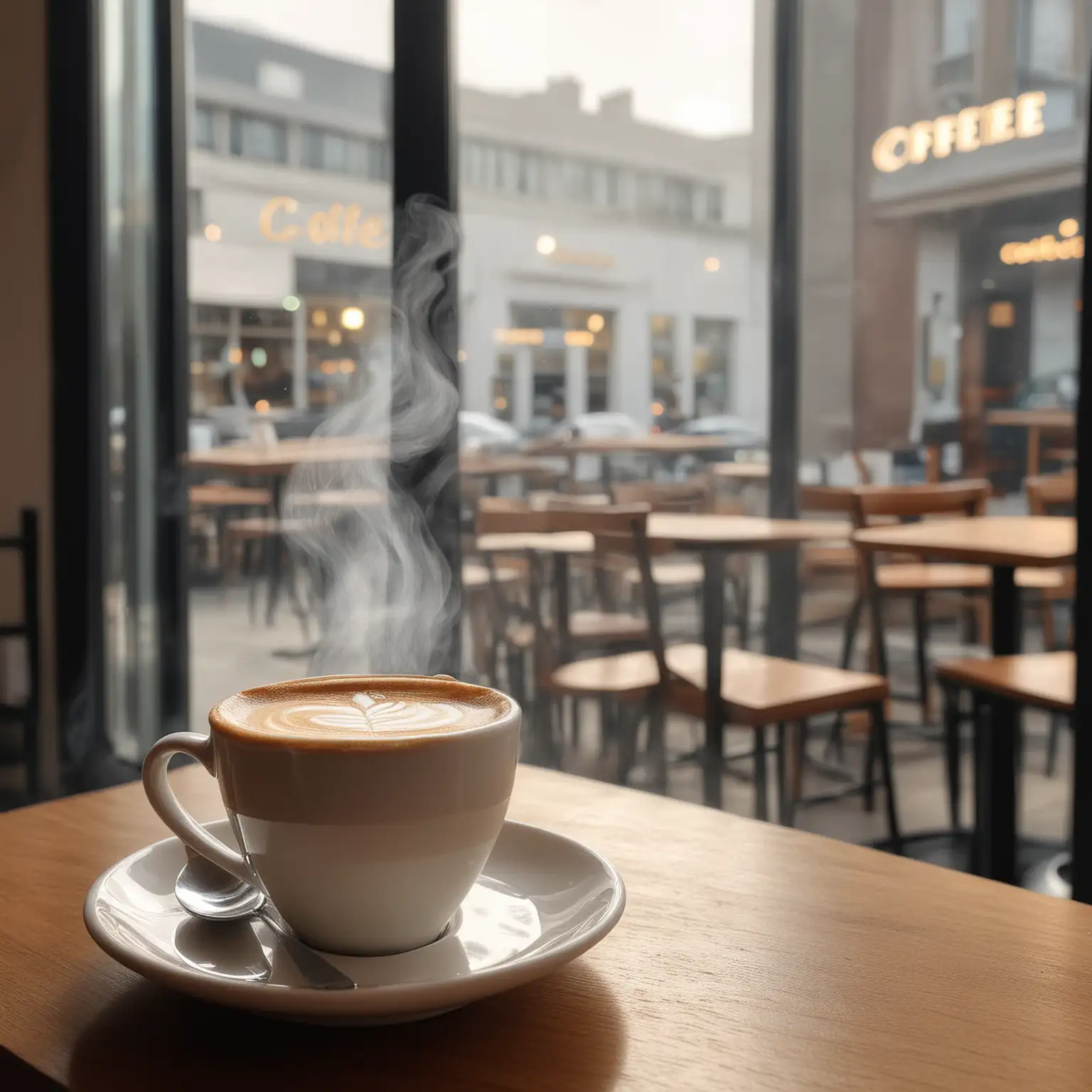 Show me a very nice and steaming cup of coffee with a very nice and modern coffee shop on the background