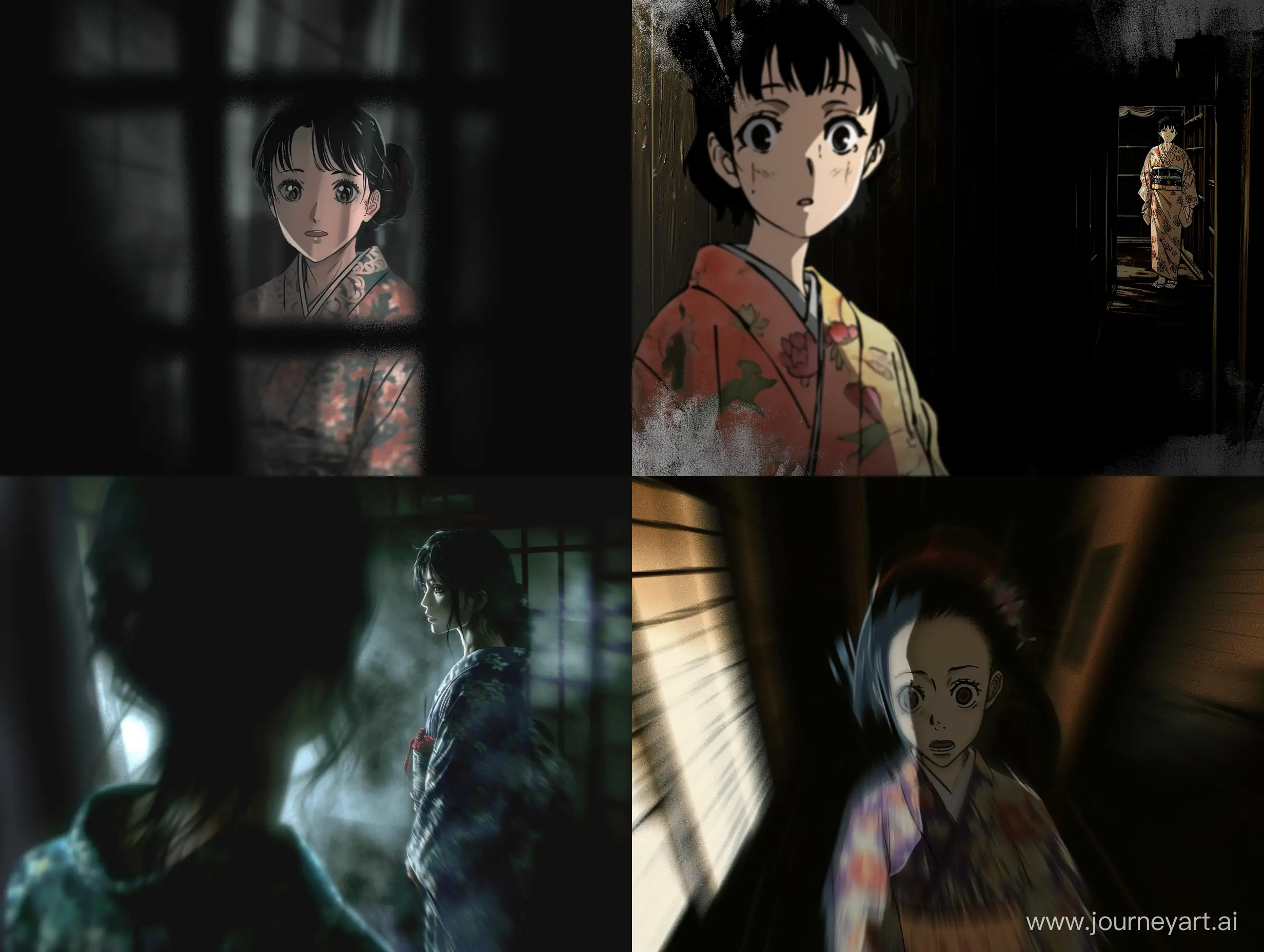 a manga panel, best quality, first person point of view, blurry, a view of a woman in  kimono appear, dark background  --v 6 --ar 4:3 --q 2