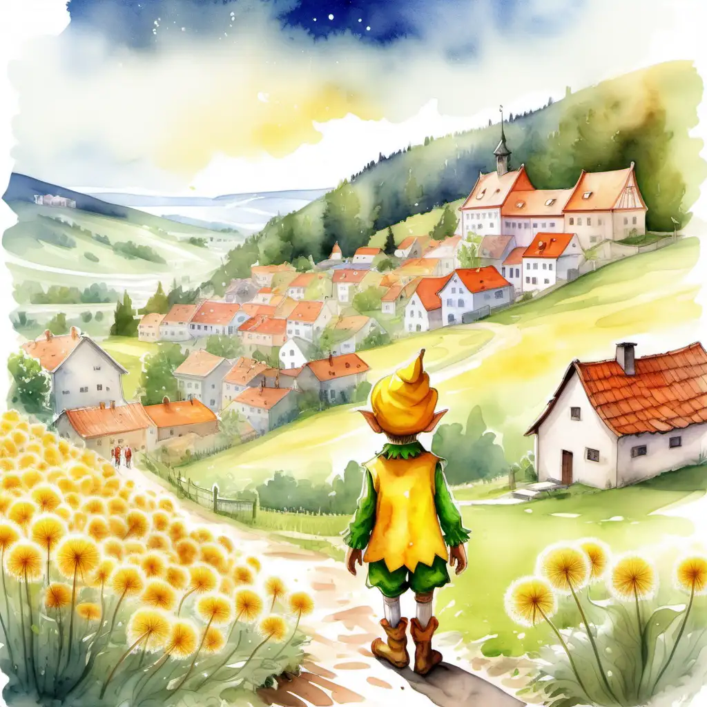 Enchanting Storytelling by Kvtek Whimsical Watercolor Illustration of Magical Elf and Children in Czech Village