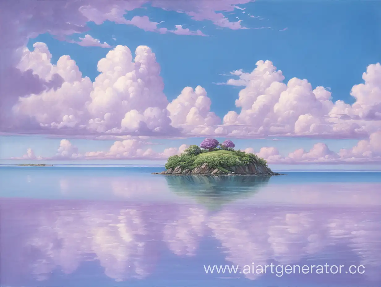 lilac-blue sky with clouds and an island on the left