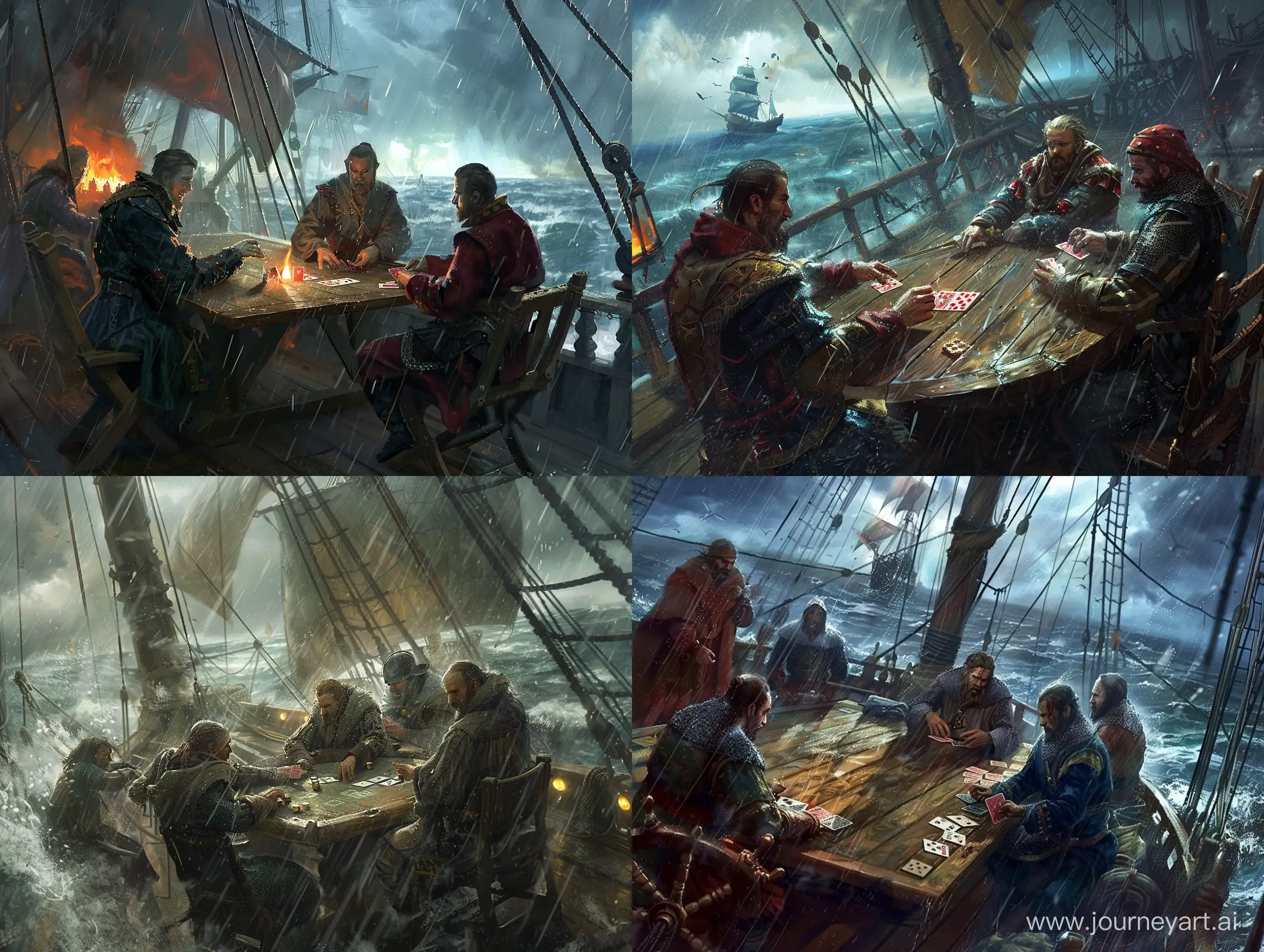 Men play cards on the deck of a medieval ship in a storm