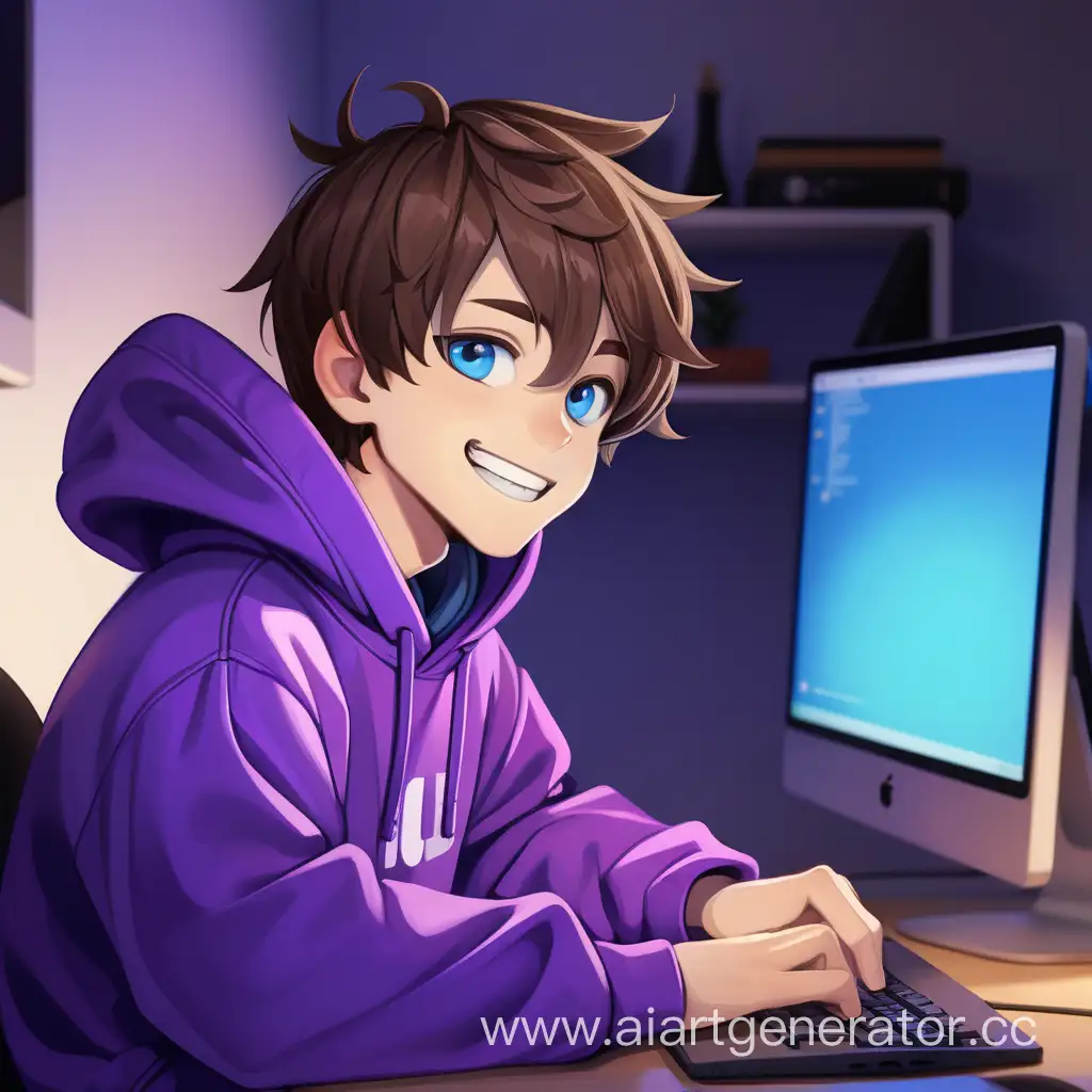 streamer boy, with brown hair, blue eyes, in a purple hoodie, sits at a computer in a beautiful room with a minimalist renovation in dark colors and laughs
