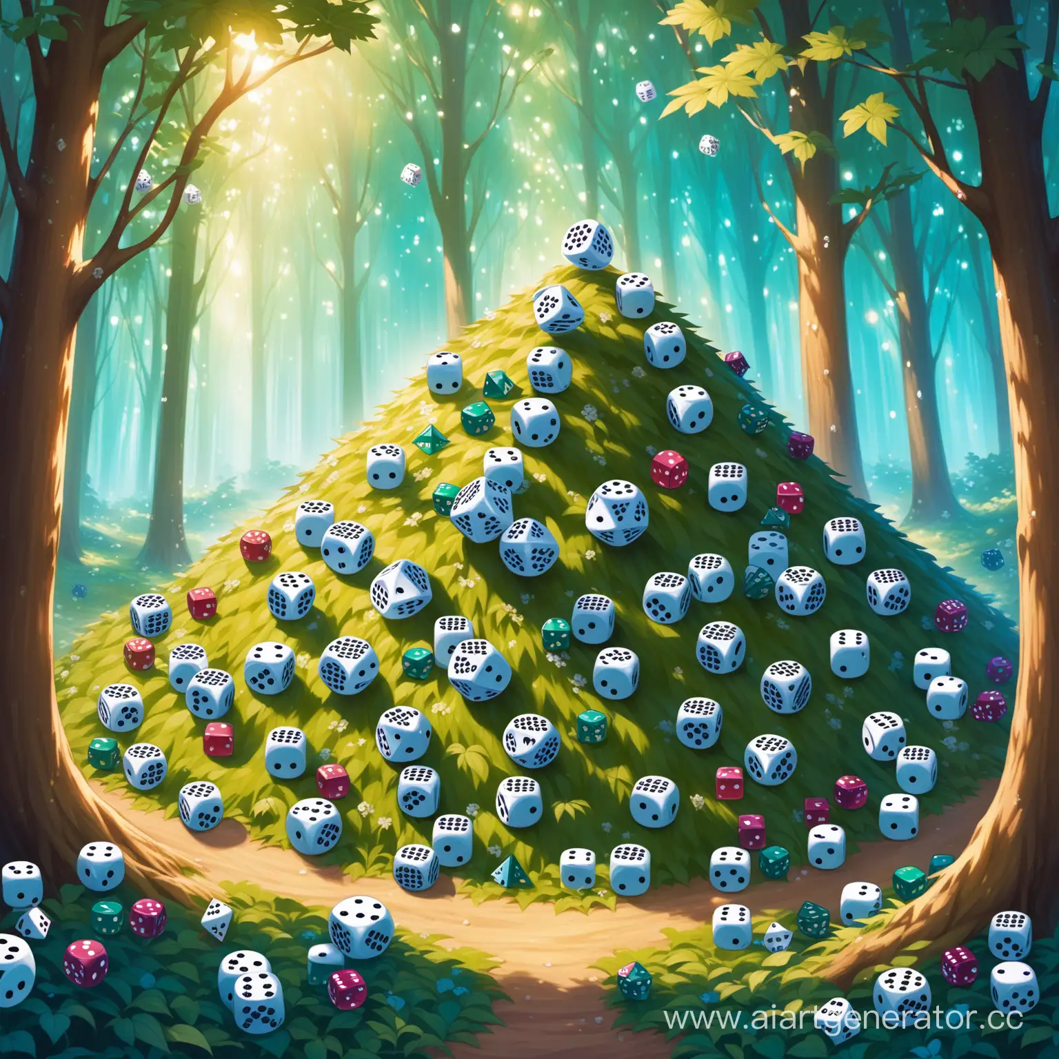 Большая кучка игральных кубов лежит в лесу а вокруг неё ходят волшебные существа
