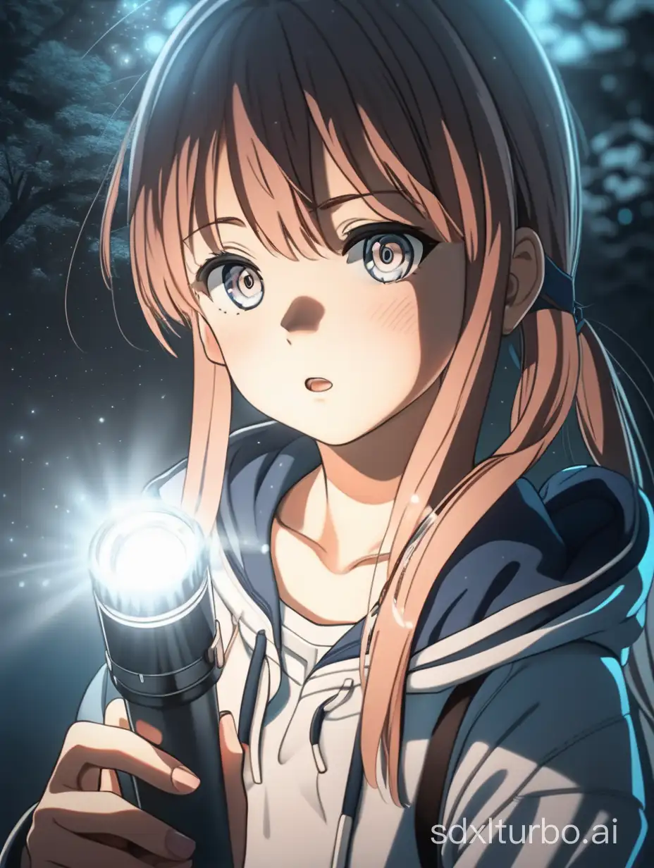 anime style. girl shines a flashlight in your face