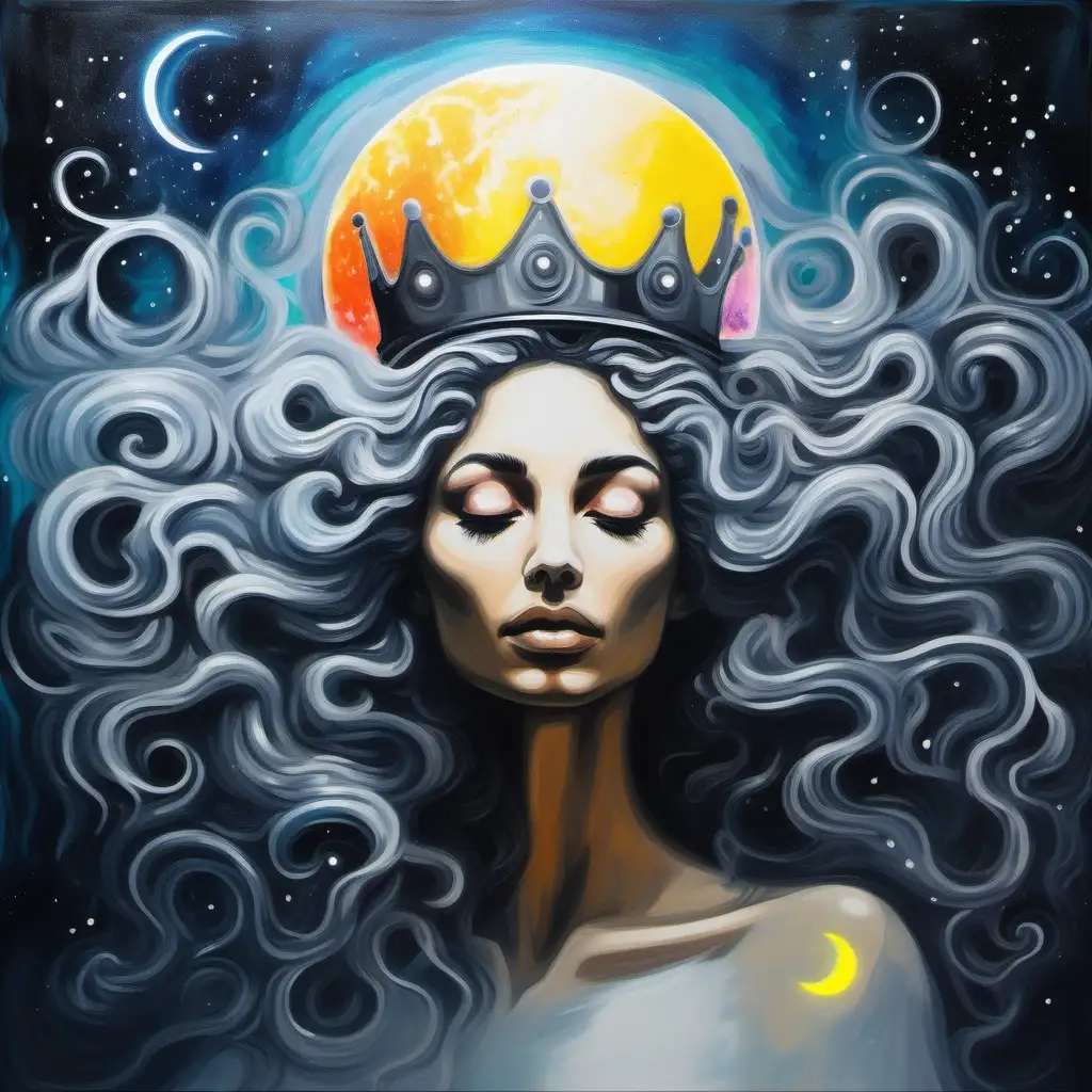 Ethereal Queen Abstract Neon Art with Grey Curls and Moonlit Crown