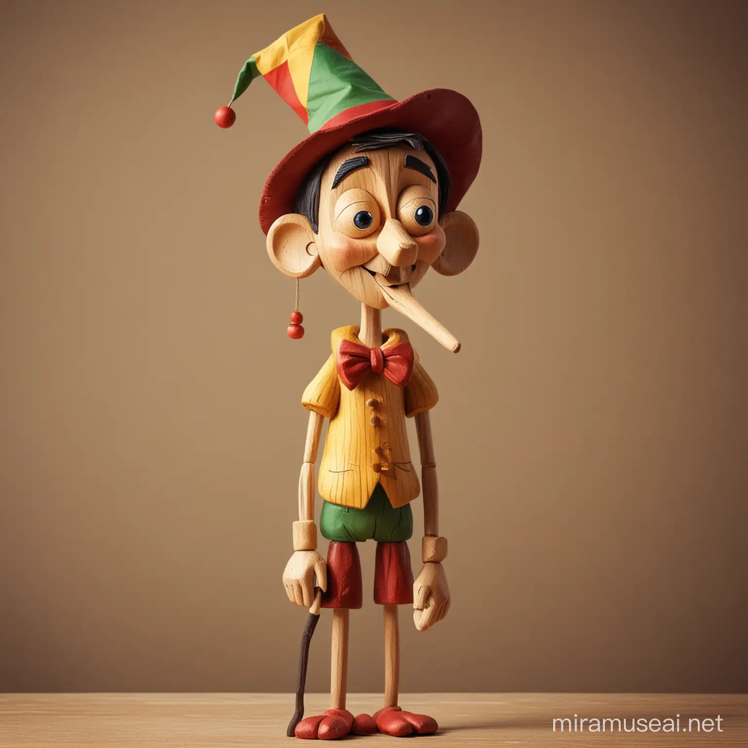 pinocchio, wooden puppet art style, with really long nose