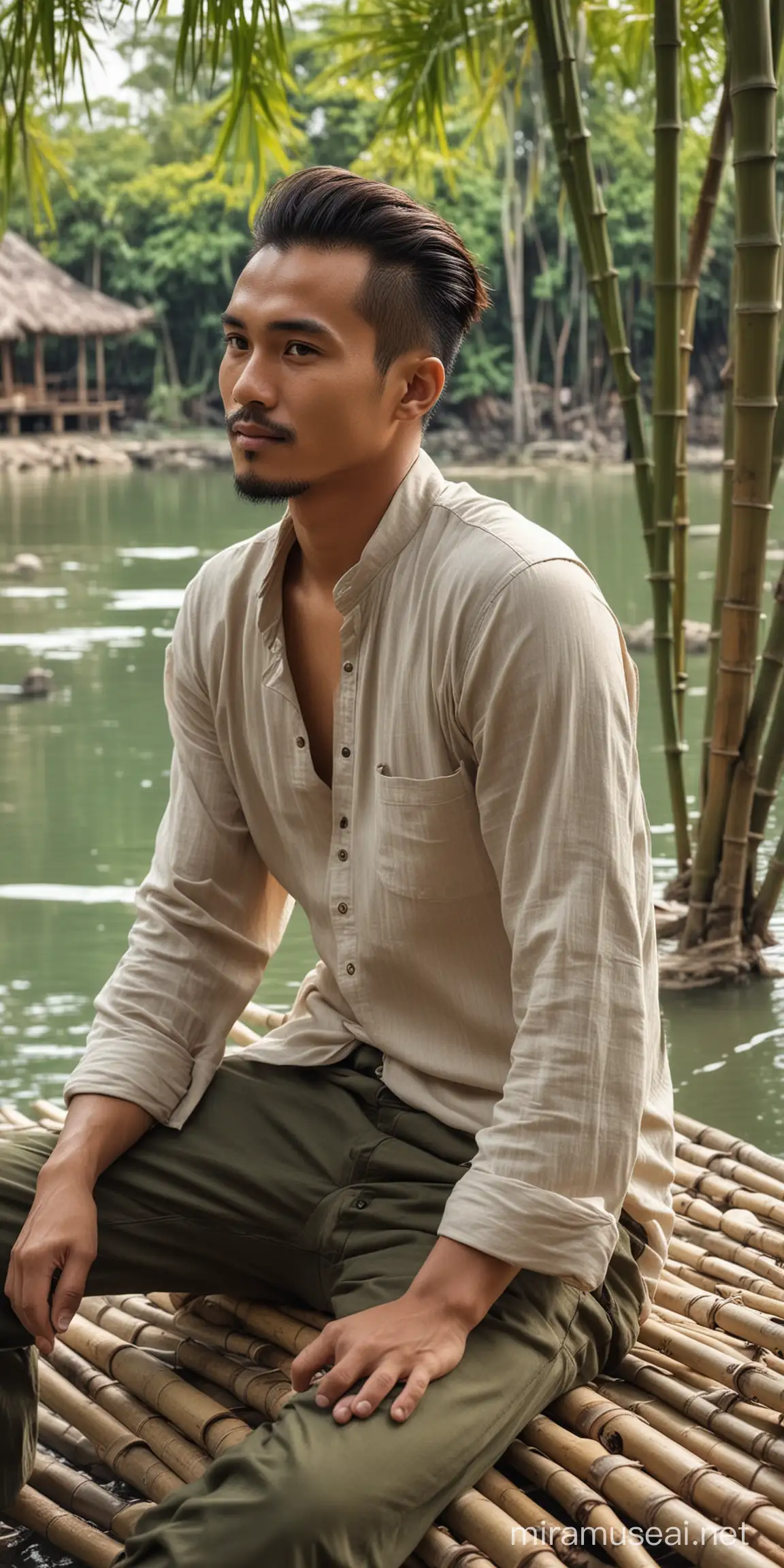 Seorang lelaki indonesia tampan usia 30 tahun dengan rambut di ikat kebelakang,sedang duduk di pondok bambu tepi danau.
Gambar asli seperti nyata ultra hd 8k