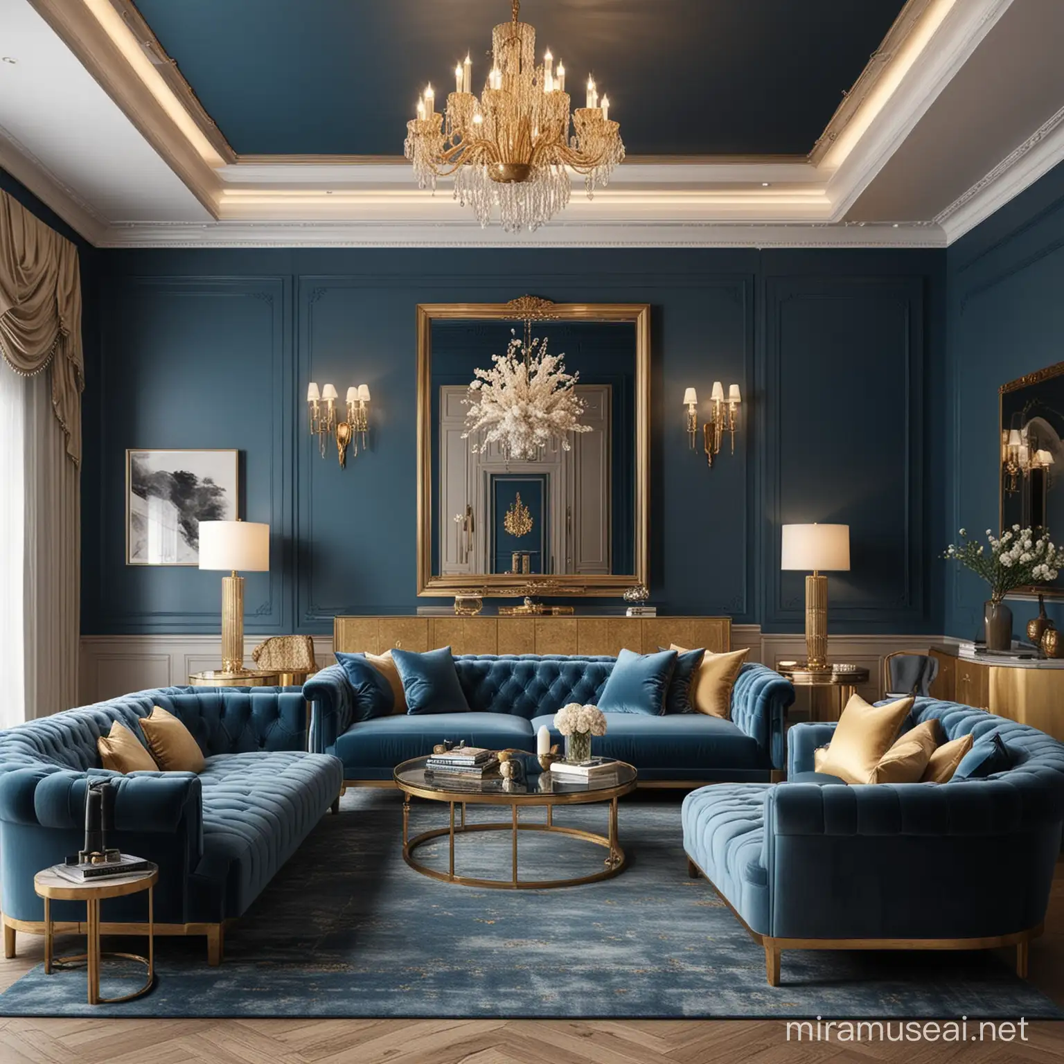 Modern Architectural Interior Design Elegant Living Room with Blue and Gold Accents