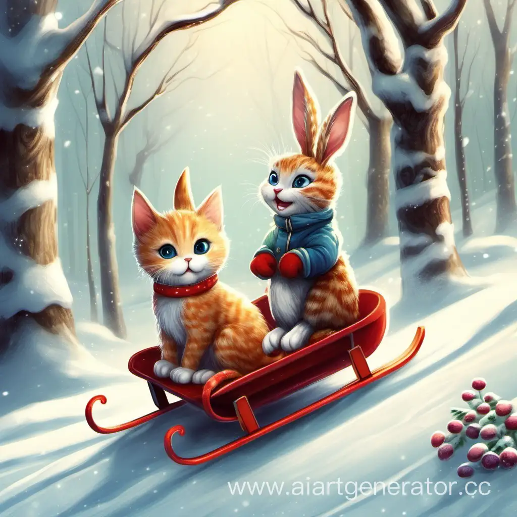 Playful-Kitten-and-Hare-Sledding-Adventure-in-the-Park