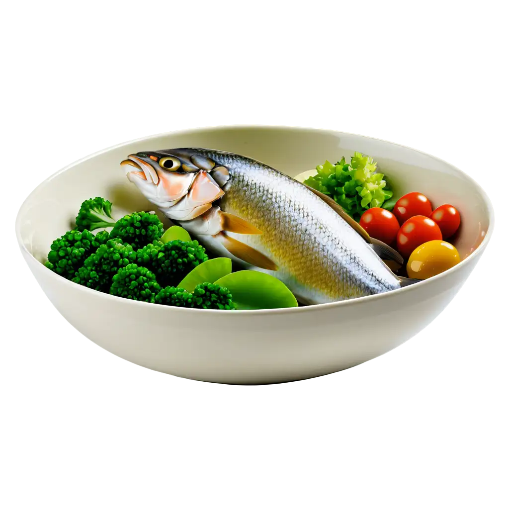 A large bowl of food with fish and vegetables